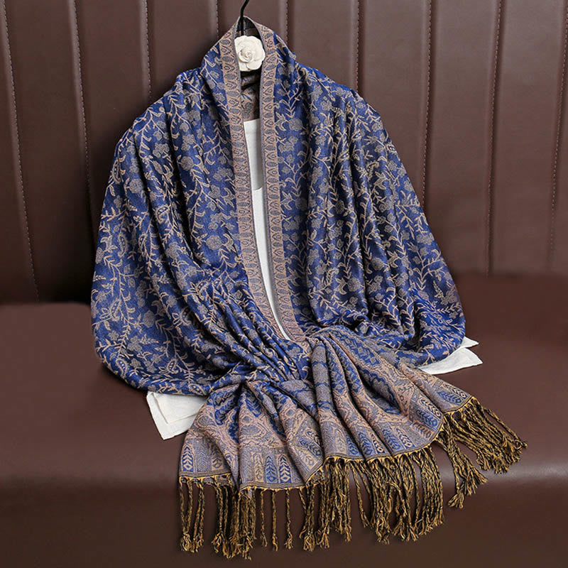 Bufanda chal acogedora con borlas y diseño de cachemira tibetano con Buddha Stones y diseño de flores en contraste de color - Azul pizarra - image 11