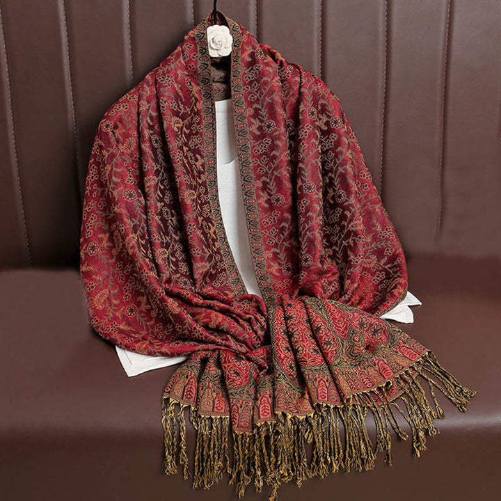 Bufanda chal acogedora con borlas y diseño de cachemira tibetano con Buddha Stones y diseño de flores en contraste de color - Rojo oscuro - image 3
