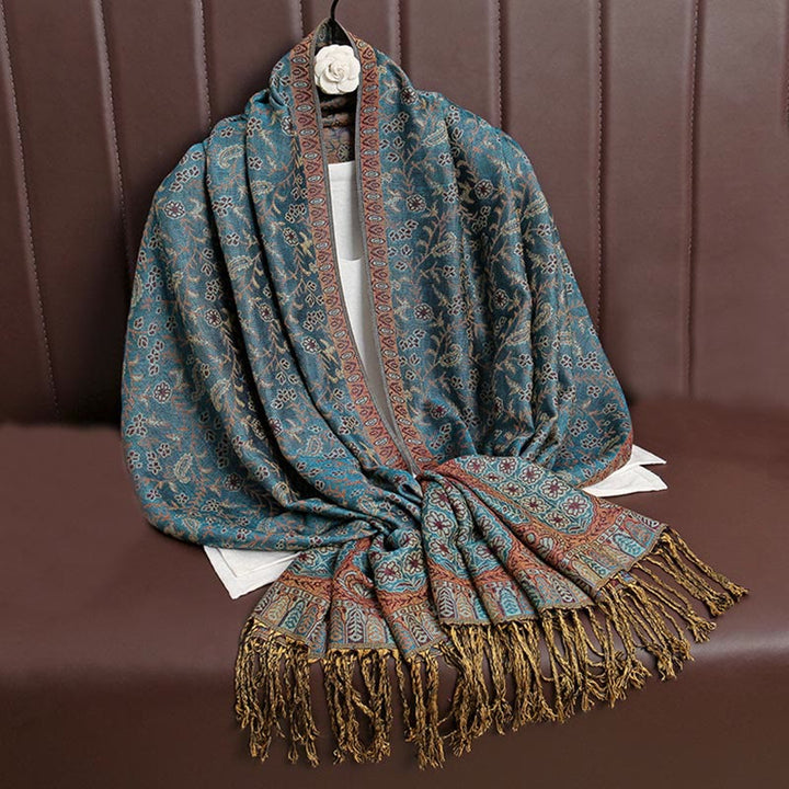 Bufanda chal acogedora con borlas y diseño de cachemira tibetano con Buddha Stones y diseño de flores en contraste de color - Verde azulado - image 20