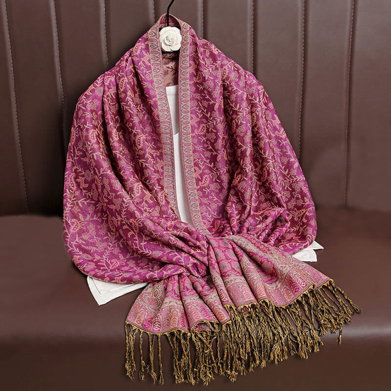 Bufanda chal acogedora con borlas y diseño de cachemira tibetano con Buddha Stones y diseño de flores en contraste de color - Violeta medio rojo - image 15