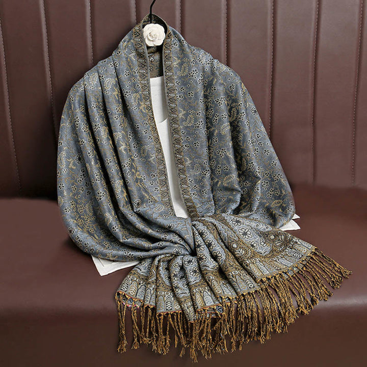 Bufanda chal acogedora con borlas y diseño de cachemira tibetano con Buddha Stones y diseño de flores en contraste de color - Gris pizarra claro - image 21