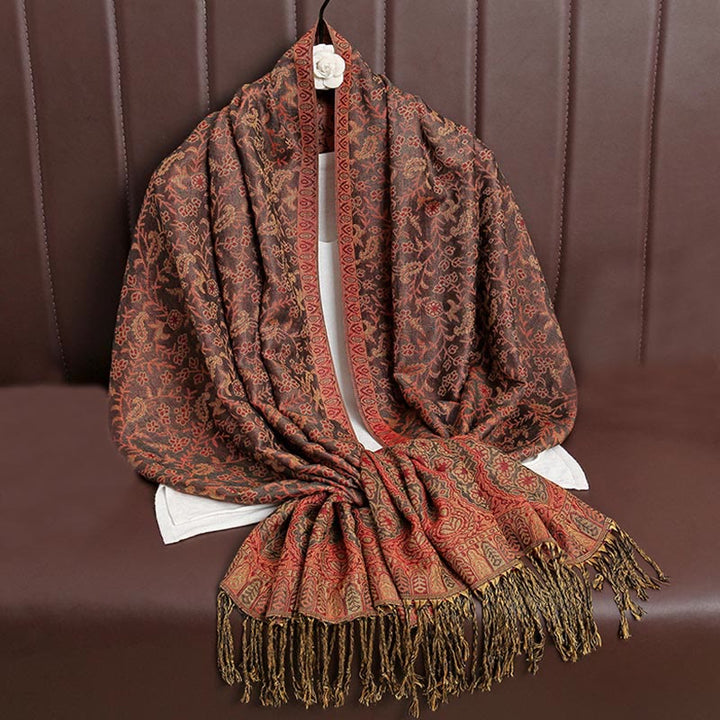 Bufanda chal acogedora con borlas y diseño de cachemira tibetano con Buddha Stones y diseño de flores en contraste de color - Marrón - image 33