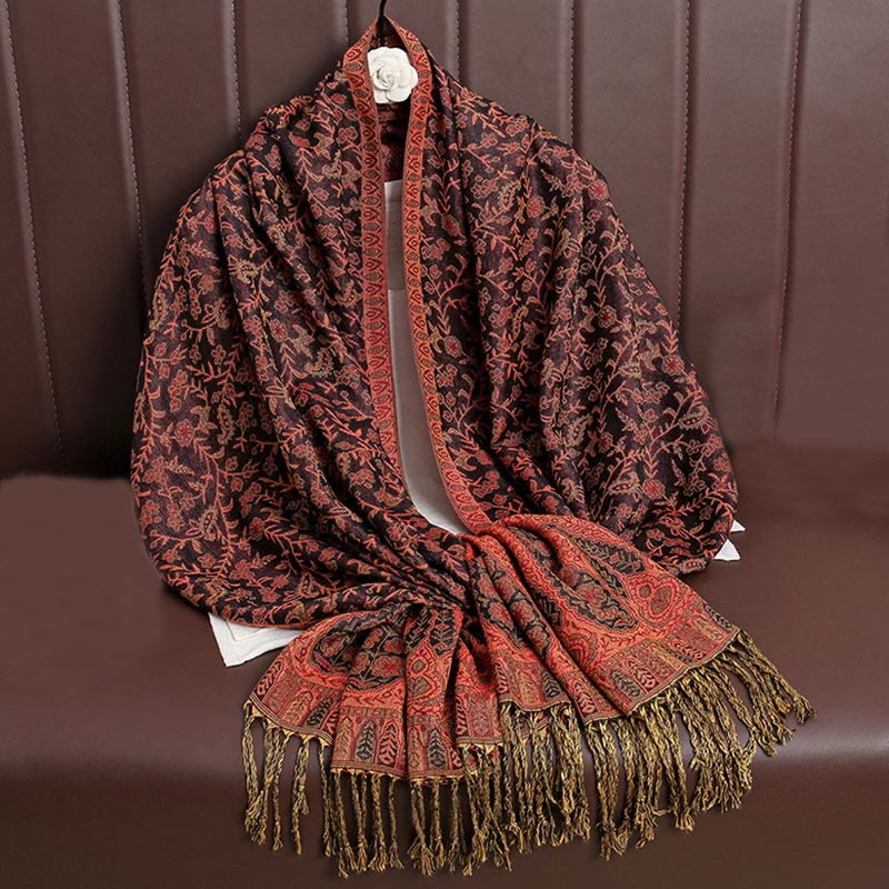 Bufanda chal acogedora con borlas y diseño de cachemira tibetano con Buddha Stones y diseño de flores en contraste de color - NaranjaRojo - image 7