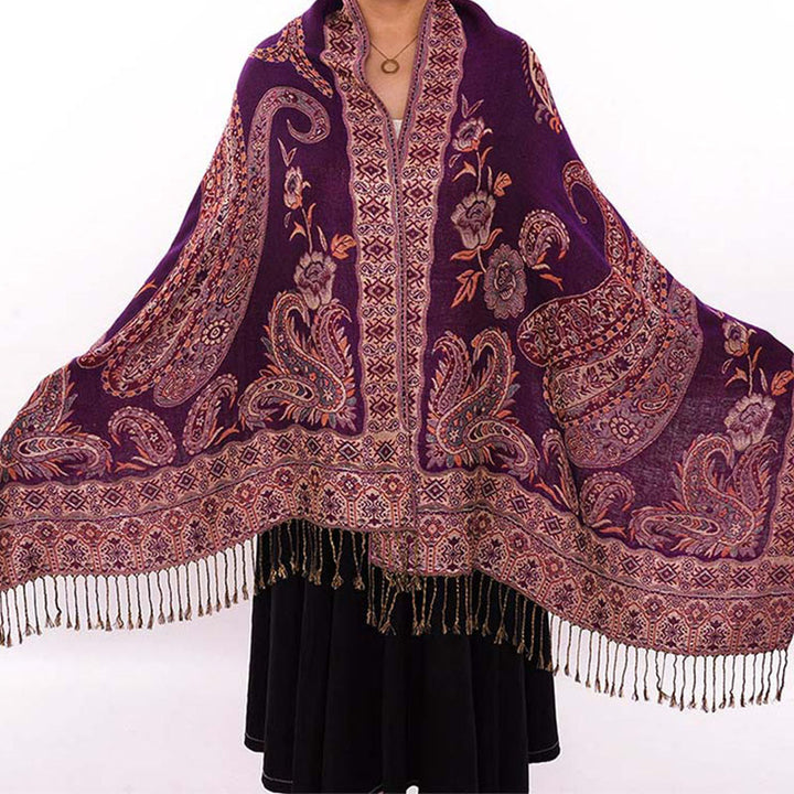 Bufanda chal acogedor con borlas y estampado floral de cachemira tibetano estilo bohemio con Buddha Stones - Magenta oscuro - 70*180 centímetros - image 16