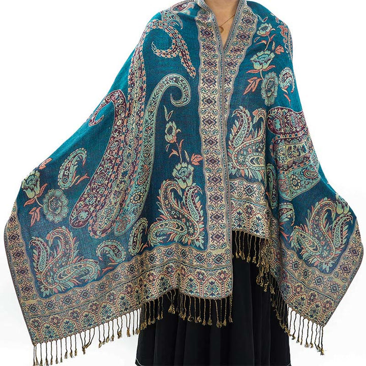 Bufanda chal acogedor con borlas y estampado floral de cachemira tibetano estilo bohemio con Buddha Stones - Verde azulado - 70*180 centímetros - image 12