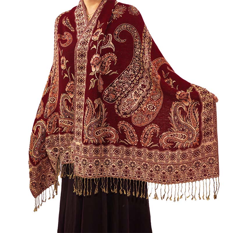 Bufanda chal acogedor con borlas y estampado floral de cachemira tibetano estilo bohemio con Buddha Stones - Rojo oscuro - 70*180 centímetros - image 8