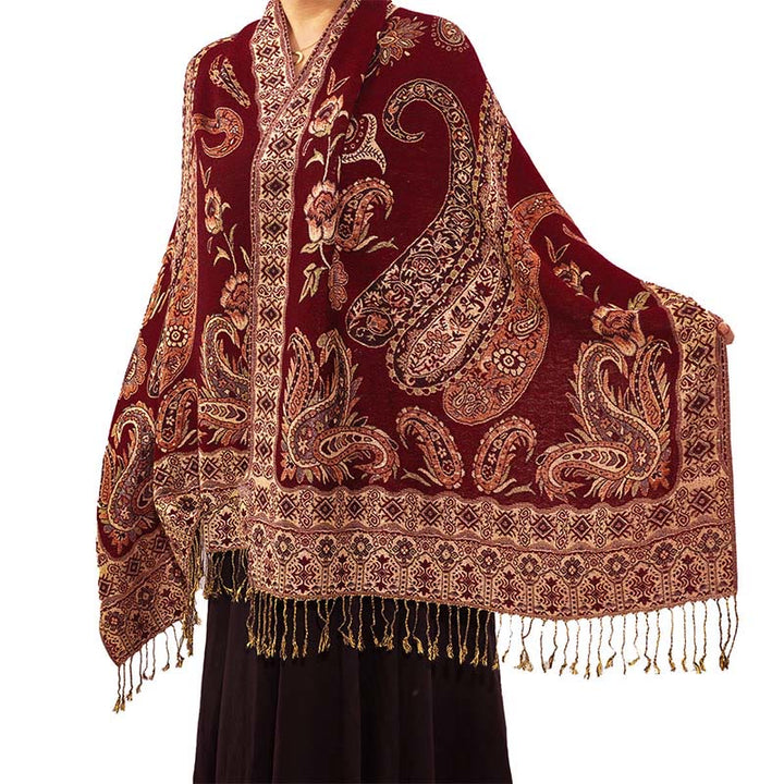 Bufanda chal acogedor con borlas y estampado floral de cachemira tibetano estilo bohemio con Buddha Stones - Rojo oscuro - 70*180 centímetros - image 8
