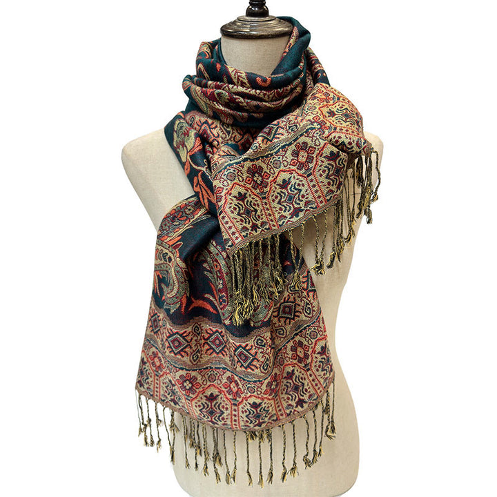 Bufanda chal acogedor con borlas y estampado floral de cachemira tibetano estilo bohemio con Buddha Stones - image 7