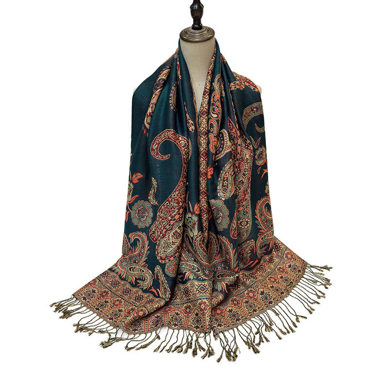 Bufanda chal acogedor con borlas y estampado floral de cachemira tibetano estilo bohemio con Buddha Stones - image 5