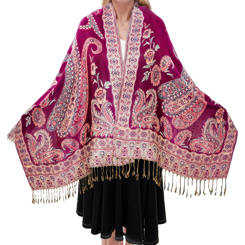 Bufanda chal acogedor con borlas y estampado floral de cachemira tibetano estilo bohemio con Buddha Stones - Violeta medio rojo - 70*180 centímetros - image 19