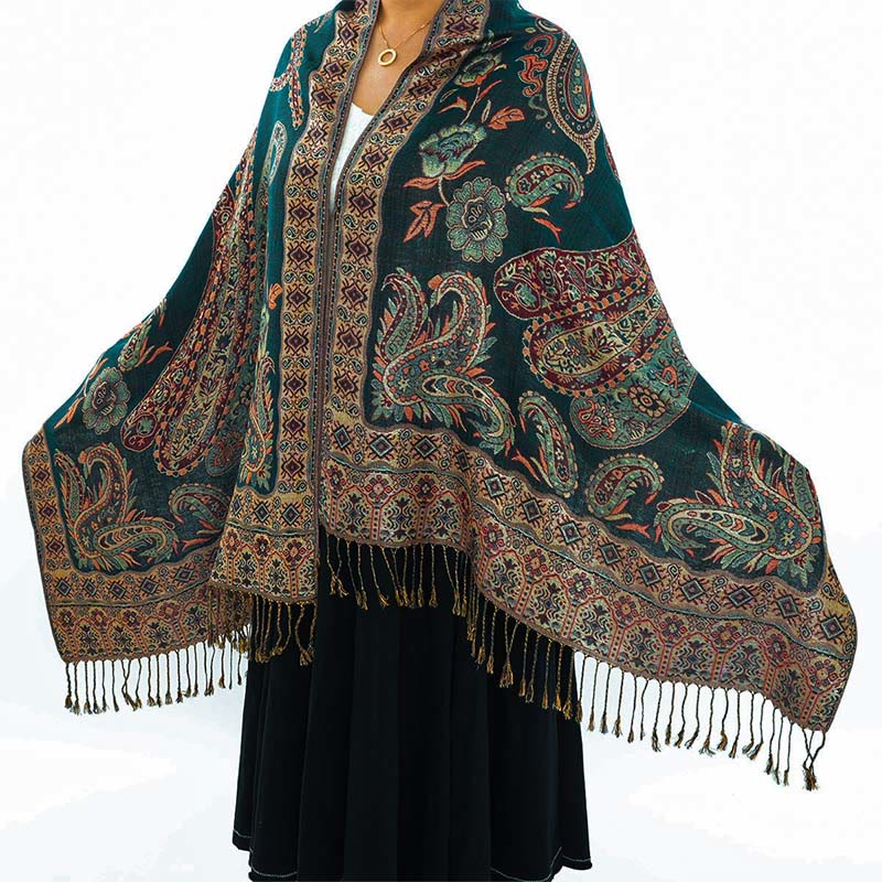 Bufanda chal acogedor con borlas y estampado floral de cachemira tibetano estilo bohemio con Buddha Stones - Verde oscuro - 70*180 centímetros - image 0