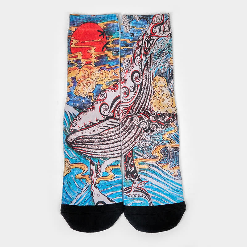Calcetines unisex con diseño de ballena, Buddha Stones y atardecer, estilo casual, para hombre y mujer - image 1