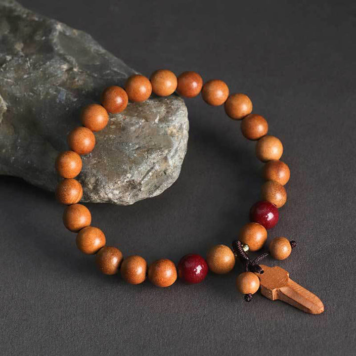 Pulsera de riqueza con amuleto de espada de cinabrio y madera de melocotón con Buddha Stones - Madera de durazno de 8 mm (circunferencia de la muñeca: 14-16 cm) - image 7
