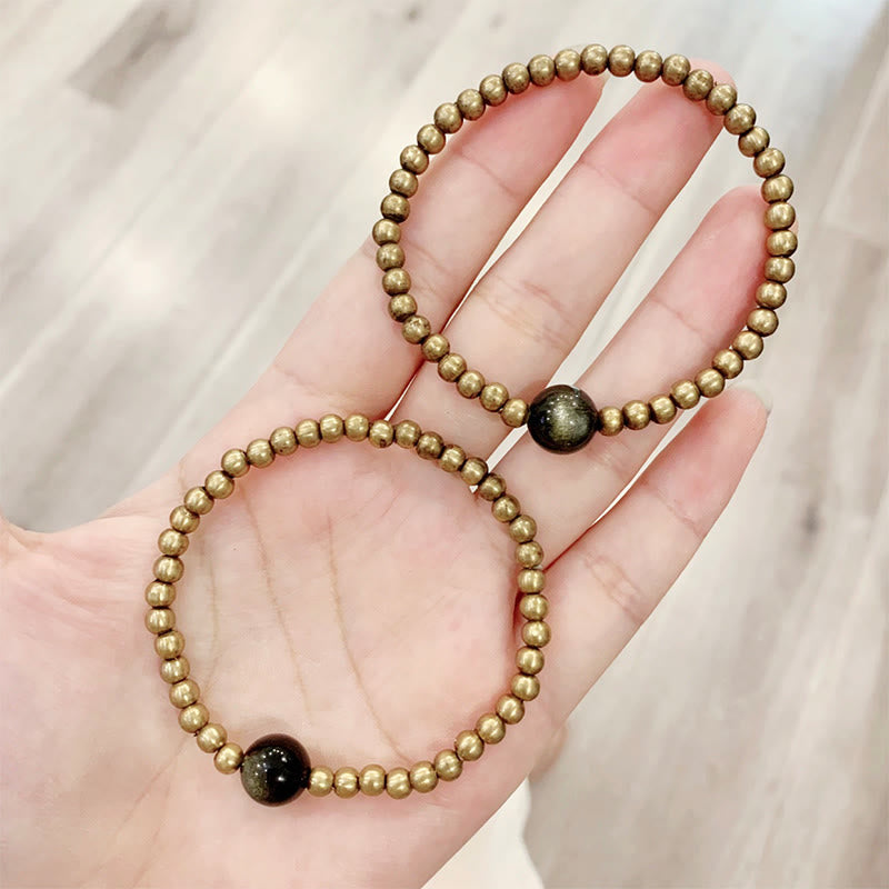 Pulsera de obsidiana con Buddha Stones , cobre, latón y brillo dorado para proteger la riqueza - image 1