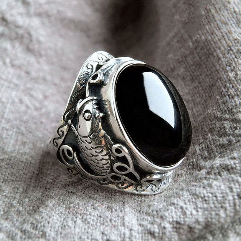 Anillo ajustable con símbolo de fuerza de pez koi y Buddha Stones - Obsidiana negra - image 0