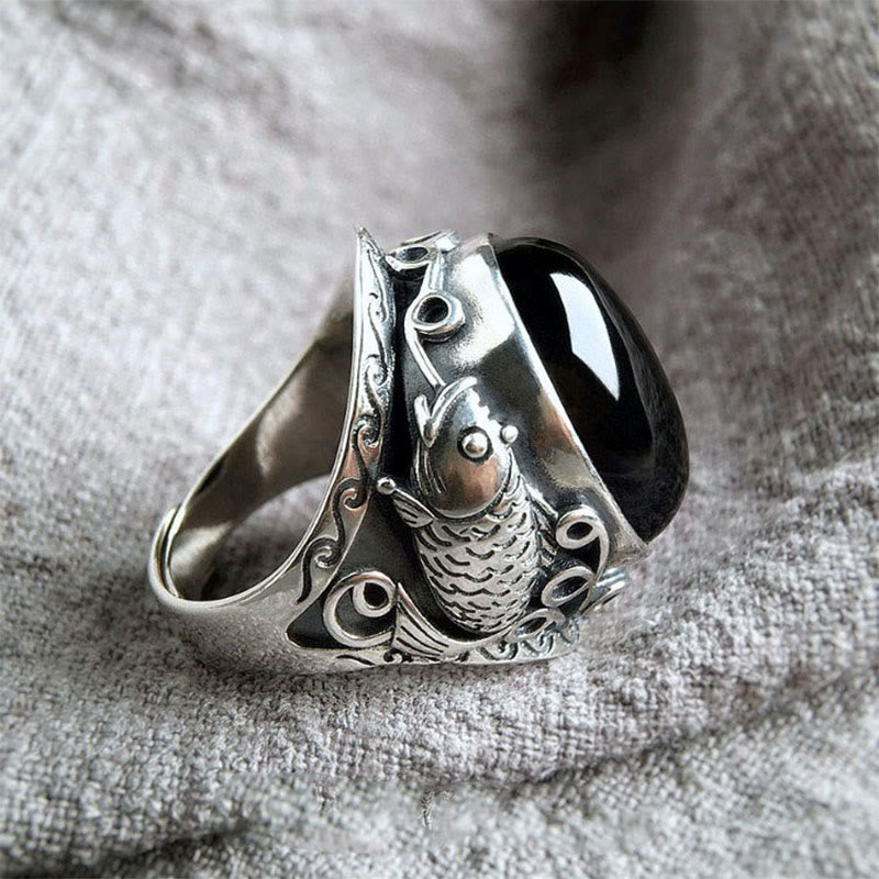 Anillo ajustable con símbolo de fuerza de pez koi y Buddha Stones - image 2