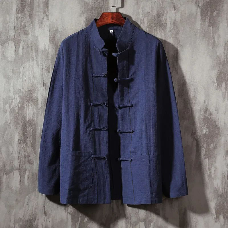 Camisa informal de lino y algodón con cuello alto y Buddha Stones - Azul pizarra oscuro - US/UK/AU44, UE54 (5XL) - image 5