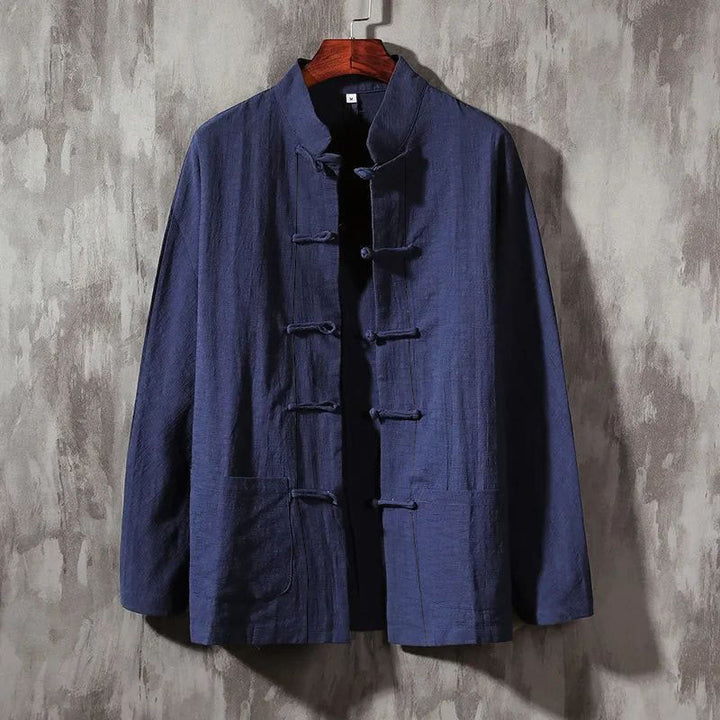 Camisa informal de lino y algodón con cuello alto y Buddha Stones - Azul pizarra oscuro - US/UK/AU44, UE54 (5XL) - image 5