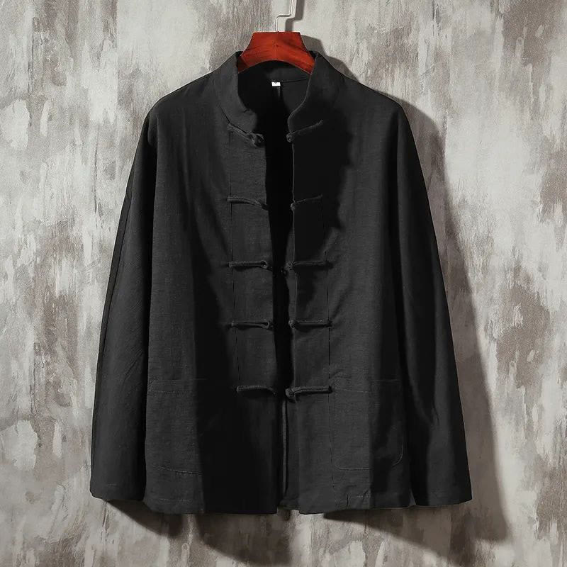 Camisa informal de lino y algodón con cuello alto y Buddha Stones - Negro - US/UK/AU44, UE54 (5XL) - image 6