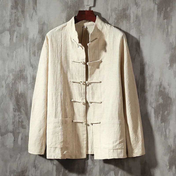 Camisa informal de lino y algodón con cuello alto y Buddha Stones - Beige - US/UK/AU44, EU54 (5XL) - image 0