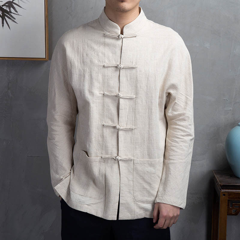 Camisa informal de hombre con botones de rana y Buddha Stones en color liso - image 1
