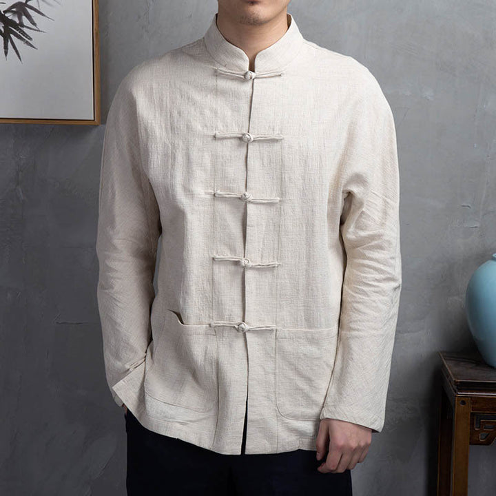 Camisa informal de hombre con botones de rana y Buddha Stones en color liso - image 1