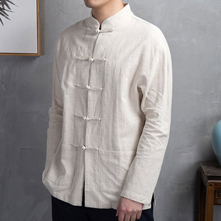 Camisa informal de hombre con botones de rana y Buddha Stones en color liso - image 2
