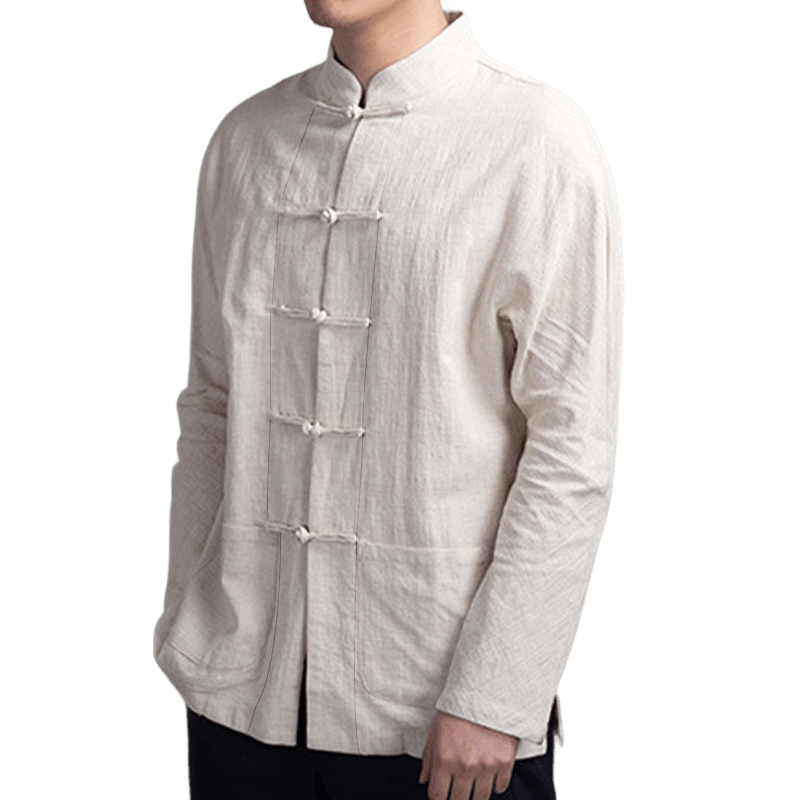 Camisa informal de hombre con botones de rana y Buddha Stones en color liso - image 3