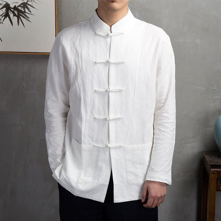 Camisa informal de hombre con botones de rana y Buddha Stones en color liso - Blanco - US/UK/AU44, UE 54 (5XL) - image 4