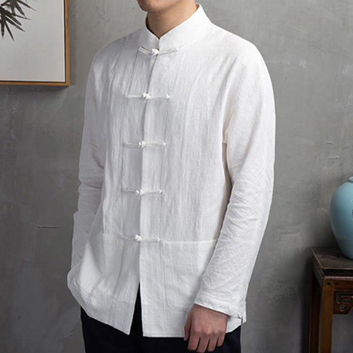 Camisa informal de hombre con botones de rana y Buddha Stones en color liso - image 6