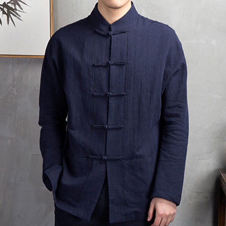 Camisa informal de hombre con botones de rana y Buddha Stones en color liso - image 15