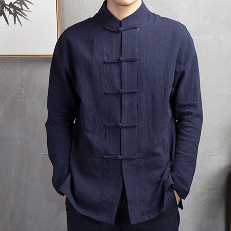 Camisa informal de hombre con botones de rana y Buddha Stones en color liso - image 11