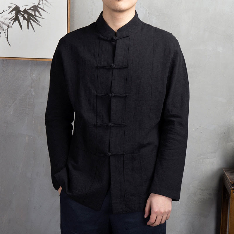 Camisa informal de hombre con botones de rana y Buddha Stones en color liso - Negro - US/UK/AU44, UE54 (5XL) - image 22