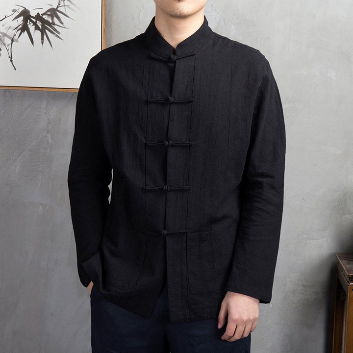 Camisa informal de hombre con botones de rana y Buddha Stones en color liso - Negro - US/UK/AU44, UE54 (5XL) - image 22