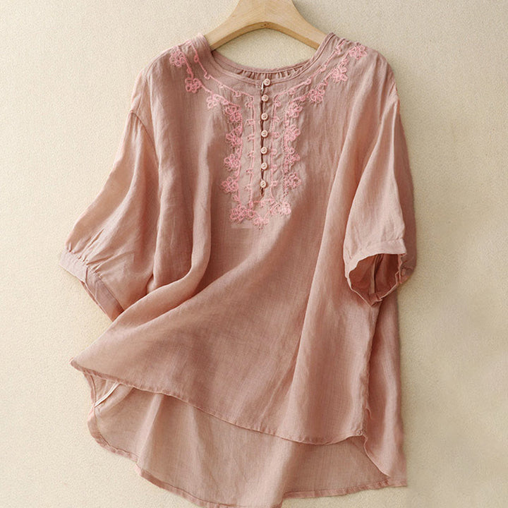Camisa informal de media manga con diseño de hebilla de rana y diseño sencillo de Buddha Stones para mujer - Rosa - US8-10，UK/AU12-14，EU40-42 (2XL) - image 0