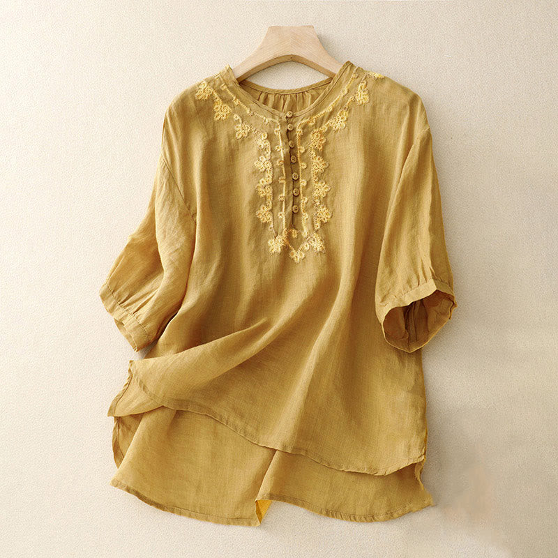 Camisa informal de media manga con diseño de hebilla de rana y diseño sencillo de Buddha Stones para mujer - Vara de oro - US8-10，UK/AU12-14，EU40-42 (2XL) - image 12