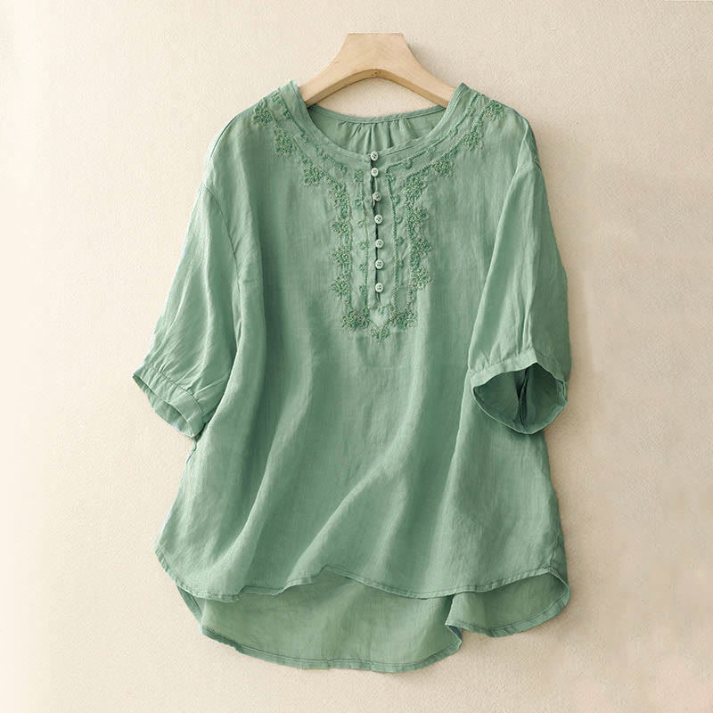 Camisa informal de media manga con diseño de hebilla de rana y diseño sencillo de Buddha Stones para mujer - Verde pálido - US8-10，UK/AU12-14，EU40-42 (2XL) - image 17
