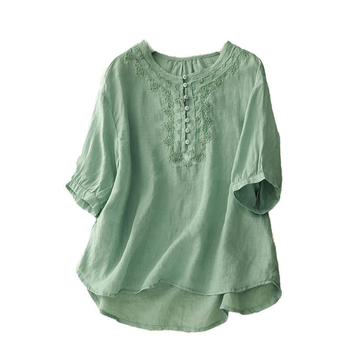 Camisa informal de media manga con diseño de hebilla de rana y diseño sencillo de Buddha Stones para mujer - image 22