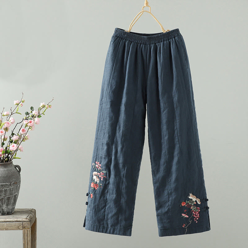 Pantalones anchos de algodón acolchados con botones de rana bordados con Buddha Stones para mujer, con bolsillos - image 1