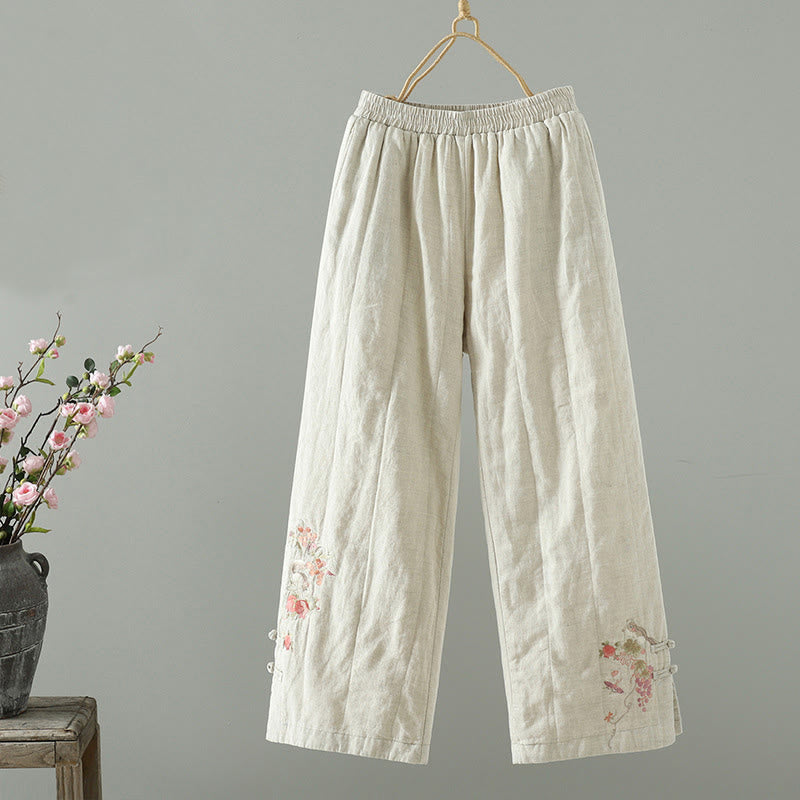 Pantalones anchos de algodón acolchados con botones de rana bordados con Buddha Stones para mujer, con bolsillos - Beige - US8-10，UK/AU12-14，EU40-42 (2XL) - image 6