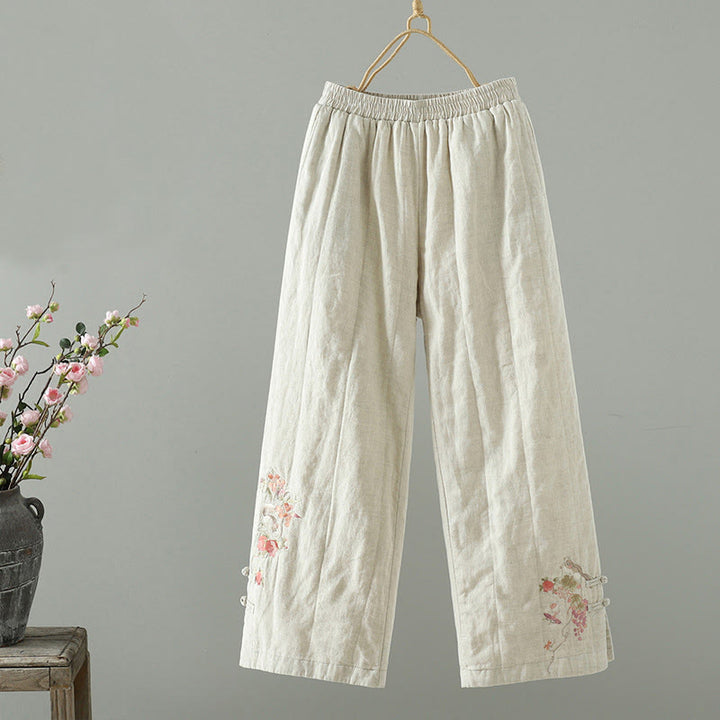 Pantalones anchos de algodón acolchados con botones de rana bordados con Buddha Stones para mujer, con bolsillos - Beige - US8-10，UK/AU12-14，EU40-42 (2XL) - image 6