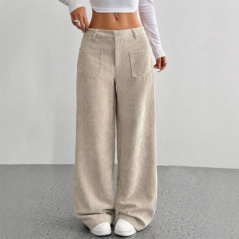 Pantalones anchos de pana y poliéster con botones y bolsillos para mujer de Buddha Stones - Beige - US14，UK/AU18，EU46 (2XL) - image 0
