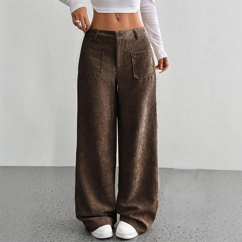 Pantalones anchos de pana y poliéster con botones y bolsillos para mujer de Buddha Stones - SaddleBrown - US14，UK/AU18，EU46 (2XL) - image 12