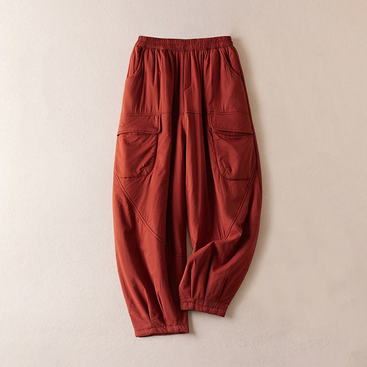 Pantalones harén de algodón gruesos con bolsillos y relleno de algodón liso Buddha Stones para mujer - Ladrillo refractario - US8-10，UK/AU12-14，EU40-42 (2XL) - image 15