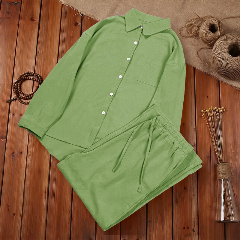 Conjunto de 2 piezas de camisa de manga larga con bolsillos y pantalones con cordón para meditación, de algodón y lino, con Buddha Stones , para mujer - image 1
