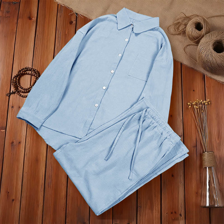 Conjunto de 2 piezas de camisa de manga larga con bolsillos y pantalones con cordón para meditación, de algodón y lino, con Buddha Stones , para mujer - image 25