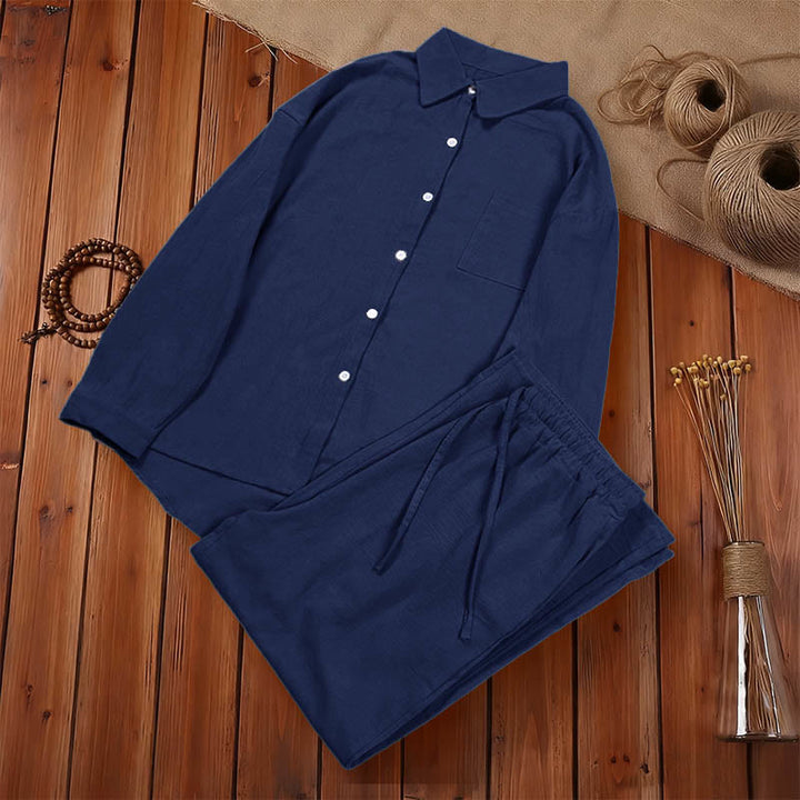 Conjunto de 2 piezas de camisa de manga larga con bolsillos y pantalones con cordón para meditación, de algodón y lino, con Buddha Stones , para mujer - image 31