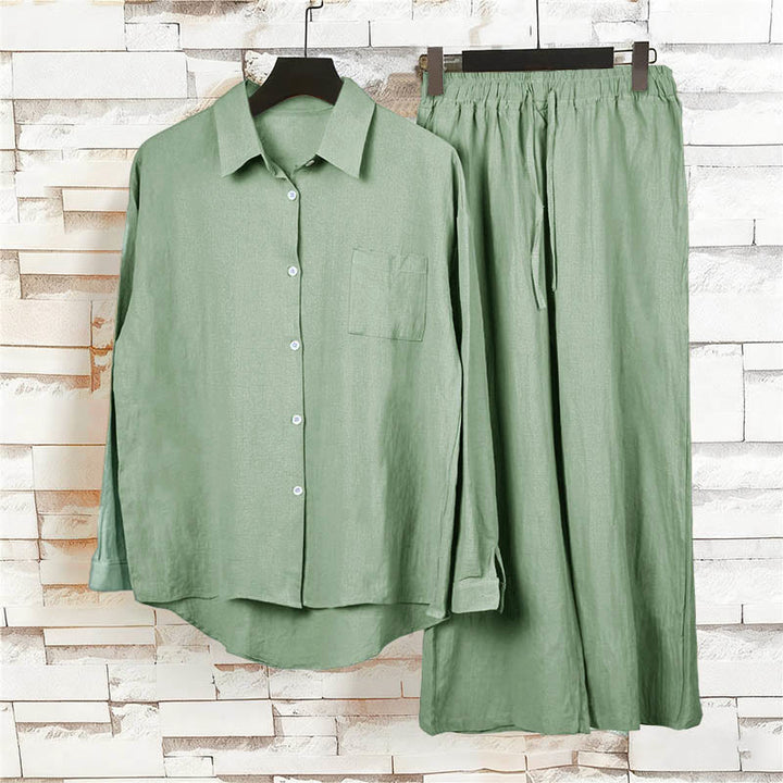 Conjunto de 2 piezas de camisa de manga larga con bolsillos y pantalones con cordón para meditación, de algodón y lino, con Buddha Stones , para mujer - image 47