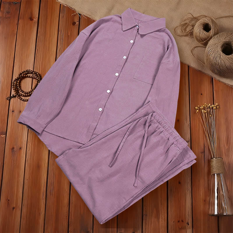 Conjunto de 2 piezas de camisa de manga larga con bolsillos y pantalones con cordón para meditación, de algodón y lino, con Buddha Stones , para mujer - image 55