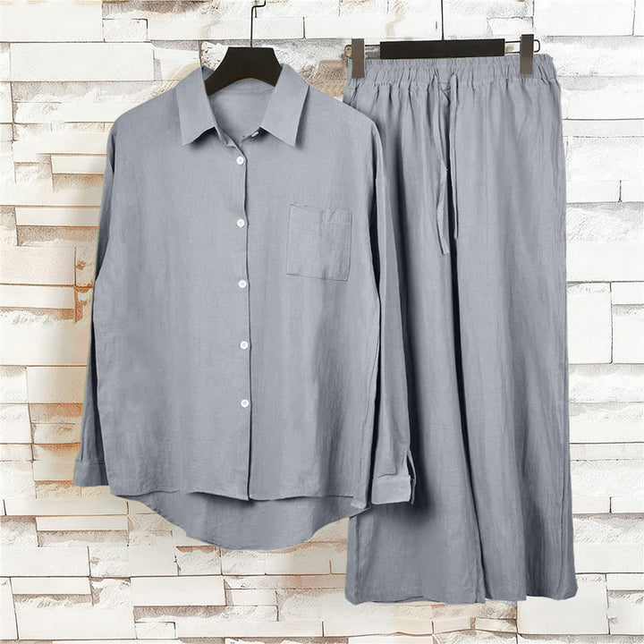 Conjunto de 2 piezas de camisa de manga larga con bolsillos y pantalones con cordón para meditación, de algodón y lino, con Buddha Stones , para mujer - image 52